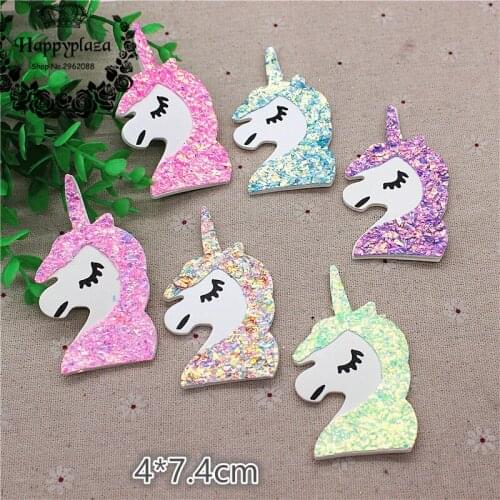 6pcs Glitter Non-woven Leather Fabric Unicorn Head Applique Patches Accessories DIY Hair bow center Decoration,4*7.4cm