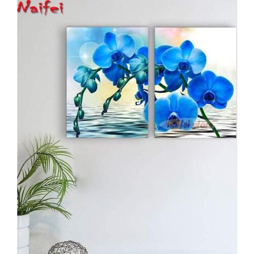 5D Diamond Embroidery Blue Orchid Cross Stitch New Arrival Diamond Painting Full Square 2 Pieces Mosaic Flower living Room Decor