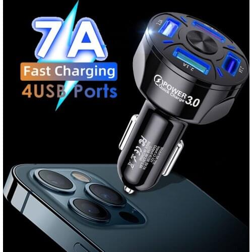 4 USB Car Charger LED Mobile Phone Charging Adapter 7A Quick Charge 3.0 For iPhone 12/12 11 Pro Max Xiaomi 11 10 Huawei P40 P30