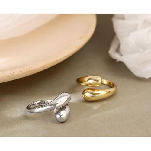 Real S925 Sterling Silver Glossy Water Drop Opening Ring Woman Finger Jewelry, Milimalist Gold Color Rings Female Accessories