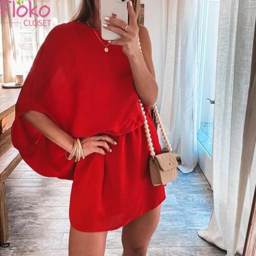 Flokocloset Sexy Off Shoulder Diagonal Collar Loose Mini Dress Casaul Solid Color Backless A-LINE Summer Dresses for Women