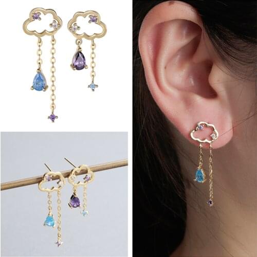 Kinitial Minilist Asymmetric Zircon Cloud Earrings For Women Girl Party Crystal Water Drop Tassel Earring Jewelry oorbellen