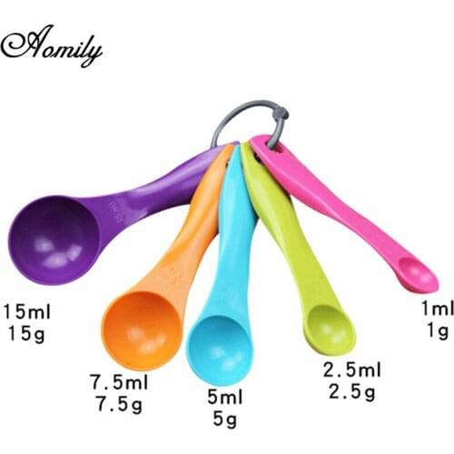 Aomily 5pcs/Set Colorful Measuring Spoons Plastic (1/2.5/5/7.5/15ml) Measure Spoon Super Useful Sugar Coffee Cake Baking Spoon