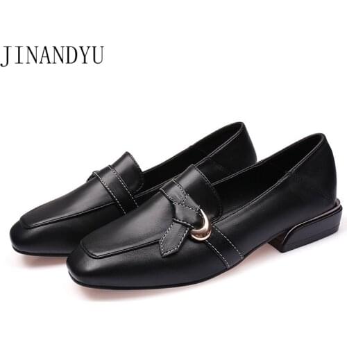 Low Heels Leather Loafer Woman Big Size British Style Square Toe Office Shoes Women Block Heel Pumps Zapatos Casuales De Mujer