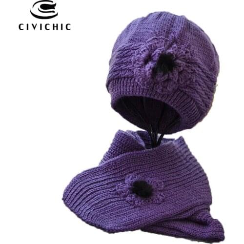 CIVICHIC Fashion Thicken Knit Hat Scarf 2 Piece for Mother Old Grandma Pompon Beanies Warm Headwear Crochet Flower Shawl SH138