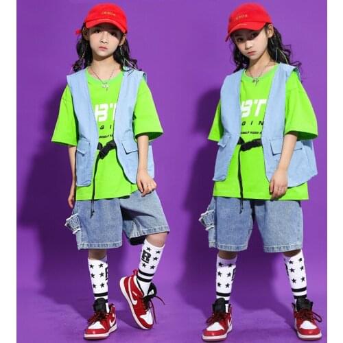 Fashion Green T-Shirt Denim Vest Shorts Suit Jazz Practice Clothes Ballroom Hip Hop Dance Costumes For Kids Rave Clothes DQS7660