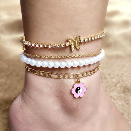 Trendy New Butterfly Crystal Tennis Chain Anklets for Women Multi-layer Simple Imitation Pearls Gossip Pendent Anklet Jewelry
