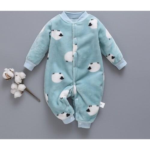 Newborn Baby Clothes Dinosaur Print Baby Boy Romper Warm Infant Baby Boy Girl Soft Fleece Jumpsuit Pajamas For Autumn & Winter