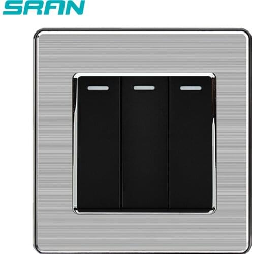 SRAN UK Standard 3Gang 1/2 way rocker switch,250V 16A wall switch stainless steel silver edge panel 86mm*86mm black/white