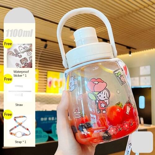 1100ml Transparent Plastic Water Bottles BPA Free Creative Cartoon Stickers Kids Water Bottle With Portable Rope Travel Tea Cups