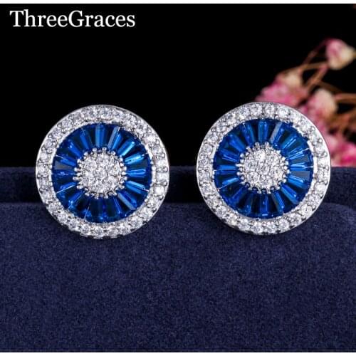 ThreeGraces Fashion Women CZ Jewelry Sparkling Zirconia Stone Royal Blue Round Crystal Big Stud Earrings For Party ER289