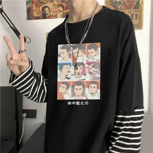 Ryunosuke Tanaka Haikyuu Funny Anime Fake Two Pieces T Shirts Manga Shoyo Volleyball Summer Tops Women Oversized Long Tshirts