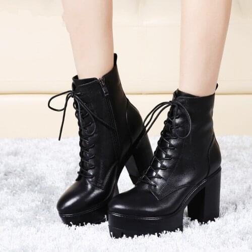Autumn Winter Genuine Leather Lace Cross Tied Womens High Heel Boots Round Toe Fashion Thick Bottom Warm Female Platform Boots