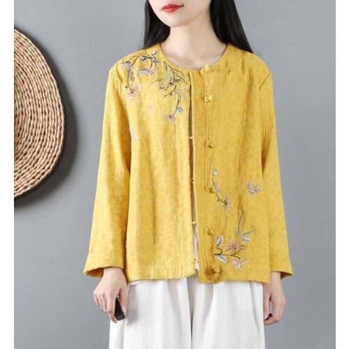 Women Vintage Blouses 2020 Autumn Long Sleeve Cotton Linen Shirt Chinese Style Buttons Blusas Embroidery Tops Plus Size 11803