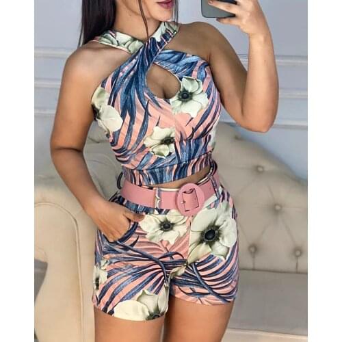 Fashion Printing Halter Two Piece Sets Women Tracksuit Crop Tops+Elastic Shorts Sporty Matching Sets Casual Female Outfit