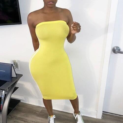 Side Striped Casual Bandage Bodycon Dress Women Off Shoulder Strapless Wrap Knee-length Stretchy Party Tube Dress Robe Femme