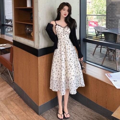 Early Autumn French Style Vintage Floral Jacquard Suspender Dress Women + Knitted Long Sleeve Sweater Two Piece Set Lady Suits