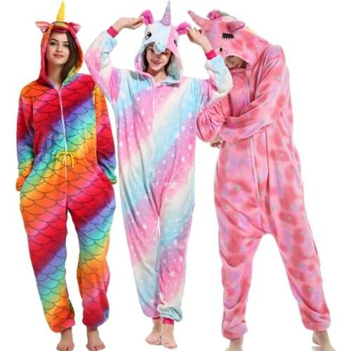 2020 Winter Adult Women Unicorn Pajamas Pyjama Animal Pajama Sets Cartoon Sleepwear Unisex Flannel Homewear Stitch Panda Tiger