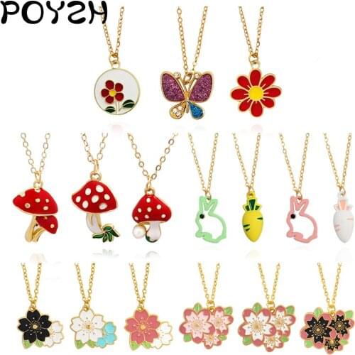 Butterfly flower Mushroom rabbit carrot Pendant Necklace Cherry Blossom Enamel Necklace Animals plants Good friends kids gift