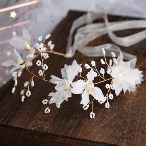 Girls 2020 New Korea Style Handmade Beads Pearl White Yarn Big Flowers Hairband Bridal Headband Hair Jewelry Wedding Accessories