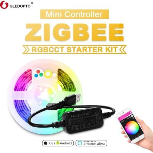 GLEDOPTO ZigBee LED 5V RGB+CCT TV Computer LED Strip Light Kit 2M Smart Home Remote Controller Work With Amazon ECHO Plus
