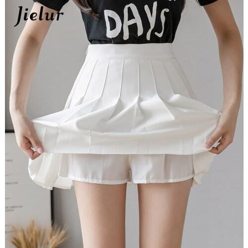 Jielur Kawaii Pleated Skirt Girls Sweet A-line High Waist Womens Skirt Preppy Style Student Pink White Short Skirts Harajuku