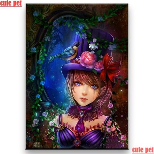 Cute pet DIY handmade diamond Fantasy girl cross stitch Mosaic bird and flower painting wallpaper 5D Embroidery home decorative