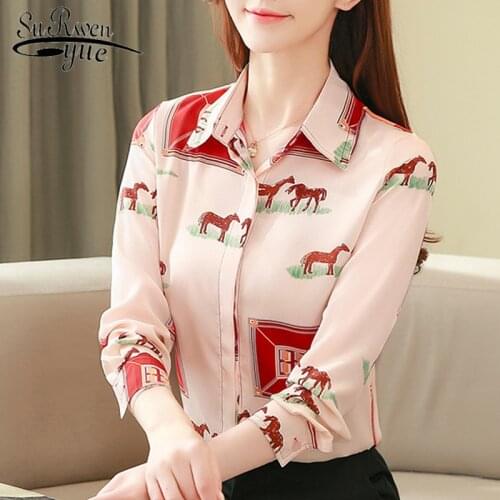 Fashion Long Sleeve Silk Blouse Casual Print Office Lady Women Button Shirt Korean Turn-collar Pink Tops Plus Size Women 8114 50