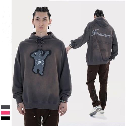 Fashion Hipster Spring Autumn Loose Hooded Couple Sweatshirts Hip Hop Bear Print Distressed Hoodies Mens Pure Cotton Tops Coats