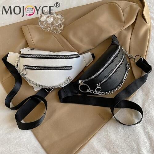 Fashion Solid Color Chain Decor Zipper Waist Packs Casual All-match Women Multi Layers PU Leather Crossbody Chest Bag