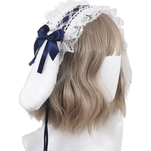 Anime Lolita Bunny Ruffled Lace Headband Detachable Plush Rabbit Ears Hairband