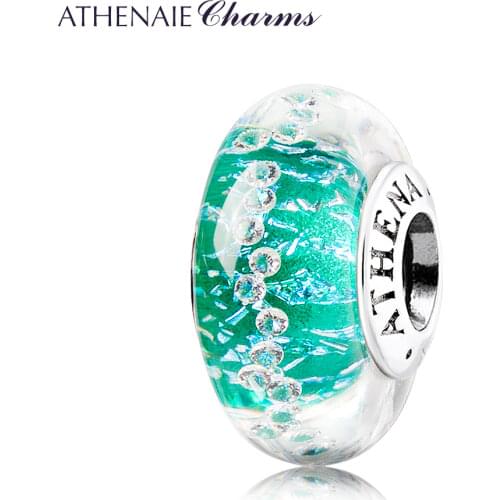 ATHENAIE Genuine Murano Glass Beads 925 Silver Core Green Shimmer Multi-Clear CZ Charms Fit European Bracelet For Women Gifts