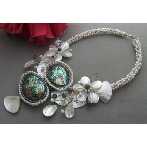 YYGEM handmade White Round Pearl White Shell teardrop Abalone Shell Crystal wrap Flower Statement Necklace 20"