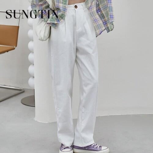 Sungtin Casual High Waisted Long Pants Women Chic Loose Wide Leg Straight Pants Korean Fashion Black Vintage Streetwear BF New