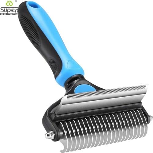 Professional Dog Comb Rake 2 In 1 Safe Double-Sided Comfortable Handle Pet Grooming Brush For Mats Tangles Cleaning
