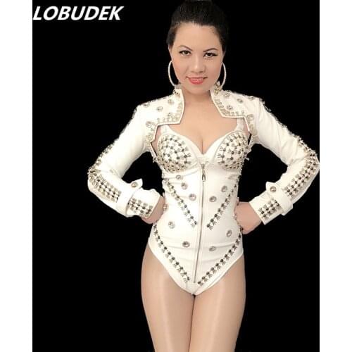 Hand Sewing Rivet White Black PU Leather Bodysuit Short Jacket Set Women DJ Singer Modern Dance Costume Team Jazz Dance Outfit