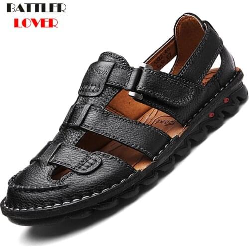 2019 Genuine Leather Men Soft Sandals Classic Comfortable Mans Rubber Flip Flops Summer Shoes Sandals Large New Arriving