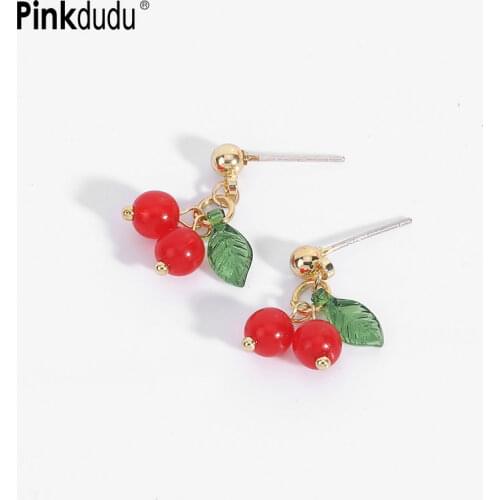 Pinkdudu Korean Sweet Cute Small Simple Fruits Stud Earring Vintage Fresh Red Cherry Stud Earrings for Women Jewelry Gifts PD372