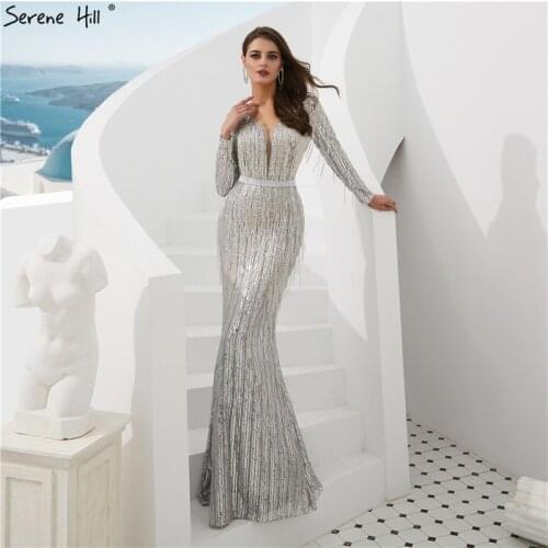 Serene Hill Grey Shaking Mermaid Elegant Sexy Evening Prom Dresses 2019 Long Sleeves Beading Formal Evening Gowns CLA6544