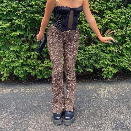 Vintage Leopard Print Aesthetic Straight Pants Women High Waist Harajuku Y2K Pants Streetwear Split Trousers 90s Female 2020 New