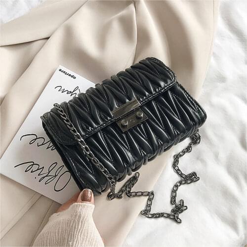 Women Crossbody Bag Fashion Style Pure Color PU Handbag Metal Chains Design Square Shape Shoulder Bag Pleated Messenger Bag