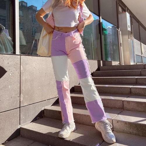 2021 Summer Women Patchwork Jeans High Waist Belt Slim Straight Denim Pencil Pants Womens Fashion Casual Loose All-match Pants