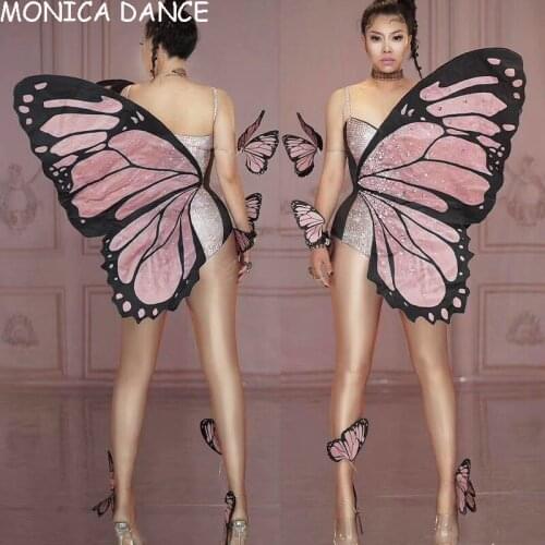 Women Sexy Stage Festival Fairy Butterfly Wings Rave Accessories Rhinestone Bodysuit for Birthday Party DJDS Nightclub Cosplay