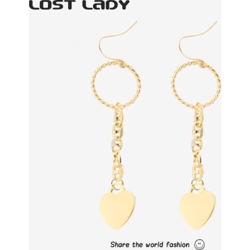 Lost Lady Fashion Alloy Heart Drop Earrings Vintage Long Chain Tassel Earrings for Women Statement Novel 2021 Party Jewelry