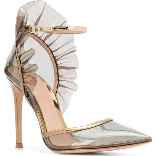 Ruffles Lady Shoes Fashion High Heels Sandals Women Buckle Strap Pointed Toe Transparent Shoes Thin Heel Pumps Modern Sandals