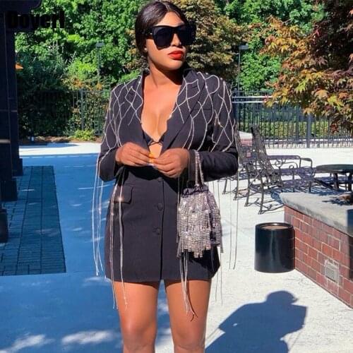 2020 Black Blazer Dress Women Tassel Fringe Button Elegant Ladies Office Dress Winter Autumn Female Long Sleeve Mini Party Dress
