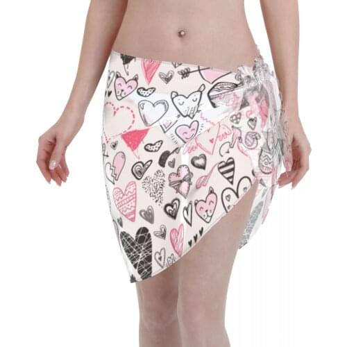 Women See-Through Beach Bikini Cover Up Wrap Scarf Swimwear Pareo Sarong Dress Funny Doodle Hearts Casual Beach Dress