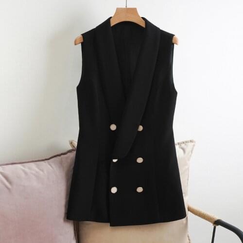 Spring Fall Autum Vest Vintage Classic Double Breasted Sleeveless Coat Jacket Top Formal Work Office Ladies Black Blazer Vests