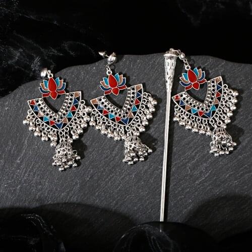 1/2pcs Indian Jewelry Earring&Hairpins Set Jhumka Earrings For Women Hair Accessories Gypsy Pendant Oorbellen Girl New Year Gift