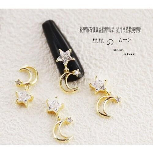 10pcs/Pack Korea Luxury Glitter Zircon Rhinestone Hollow Star Moon Pendent Metal Nail Art Parts 3D DIY Accessories Charms Decals